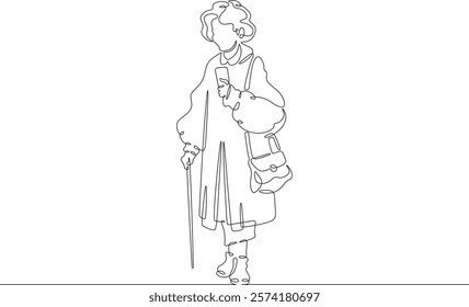 Continuous one line drawing old lady on a walk. Elderly woman with a smartphone. Pensioner taking pictures on her phone.One continuous line isolated minimal illustration.Not AI.