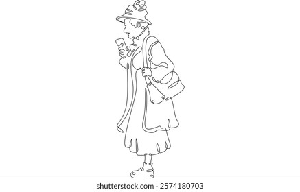 Continuous one line drawing old lady on a walk. Elderly woman with a smartphone. Pensioner taking pictures on her phone.One continuous line isolated minimal illustration.Not AI.