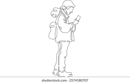 Continuous one line drawing old lady on a walk. Elderly woman with a smartphone. Pensioner taking pictures on her phone.One continuous line isolated minimal illustration.Not AI.