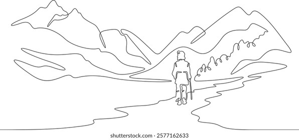 Continuous one line drawing old man walking in the park. Elderly man against the backdrop of nature. Mountain landscape.One continuous line isolated minimal illustration.Not AI.