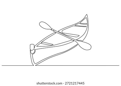 Kontinuierliche einzeilige Zeichnung des alten Holzbootes mit Ruder. Einzeilige Zeichnung Illustration von Traditional Holz Kanu. nautische, Angeln oder Outdoor-Abenteuer-Thema Konzept Vektorkunst. Doodle Linie Illustration.