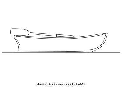 Kontinuierliche einzeilige Zeichnung des alten Holzbootes mit Ruder. Einzeilige Zeichnung Illustration von Traditional Holz Kanu. nautische, Angeln oder Outdoor-Abenteuer-Thema Konzept Vektorkunst. Doodle Linie Illustration.