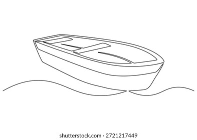Kontinuierliche einzeilige Zeichnung des alten Holzbootes mit Ruder. Einzeilige Zeichnung Illustration von Traditional Holz Kanu. nautische, Angeln oder Outdoor-Abenteuer-Thema Konzept Vektorkunst. Doodle Linie Illustration.