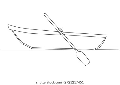 Kontinuierliche einzeilige Zeichnung des alten Holzbootes mit Ruder. Einzeilige Zeichnung Illustration von Traditional Holz Kanu. nautische, Angeln oder Outdoor-Abenteuer-Thema Konzept Vektorkunst. Doodle Linie Illustration.