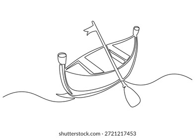 Kontinuierliche einzeilige Zeichnung des alten Holzbootes mit Ruder. Einzeilige Zeichnung Illustration von Traditional Holz Kanu. nautische, Angeln oder Outdoor-Abenteuer-Thema Konzept Vektorkunst. Doodle Linie Illustration.