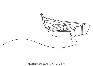 Kontinuierliche einzeilige Zeichnung des alten Holzbootes mit Ruder. Einzeilige Zeichnung Illustration von Traditional Holz Kanu. nautische, Angeln oder Outdoor-Abenteuer-Thema Konzept Vektorkunst. Doodle Linie Illustration.