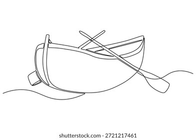 Kontinuierliche einzeilige Zeichnung des alten Holzbootes mit Ruder. Einzeilige Zeichnung Illustration von Traditional Holz Kanu. nautische, Angeln oder Outdoor-Abenteuer-Thema Konzept Vektorkunst. Doodle Linie Illustration.