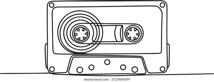 Continuous one line drawing of an old audio cassette. A retro music storage device. Simple line art style perfect for vintage themes, music nostalgia, or graphic designs related to the 80s and 90s. Abstract vector design representing classic media. Vector illustration of single line art.