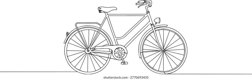 Continuous one line drawing of an old bicycle with wheels, representing freedom and movement, line art style vector illustration.