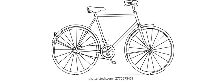 Continuous one line drawing of an old bicycle with wheels, representing freedom and movement, line art style vector illustration.