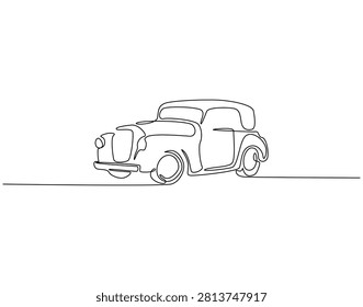 Continuous one line drawing of old vintage car. One line drawing illustration of old car. Retro vehicle, vintage automobile concept single line. Editable outline
