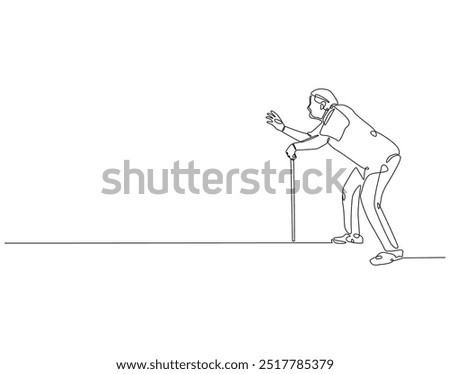 Continuous one line drawing of old man walking with stick walker. One line drawing illustration of grandfather using cane walker. International patient safety day concept line art. Editable outline.
