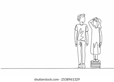 Continuous one line drawing older brother stands on tiptoe while younger sister stands on a pile of books. Want to be on same level. National Siblings Day. Single line draw design vector illustration