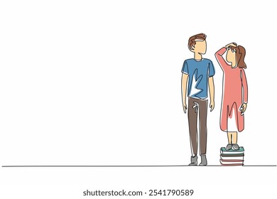 Continuous one line drawing older brother stands on tiptoe while younger sister stands on a pile of books. Want to be on same level. National Siblings Day. Single line draw design vector illustration