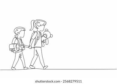 Continuous one line drawing older sister holds a teddy bear while holds little brother hand. Exemplary sister. Childhood. National Brothers and Sisters Day. Single line draw design vector illustration