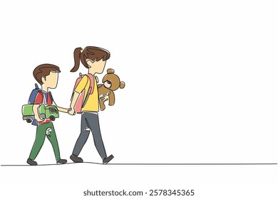 Continuous one line drawing older sister holds a teddy bear while holds little brother hand. Exemplary sister. Childhood. National Brothers and Sisters Day. Single line draw design vector illustration