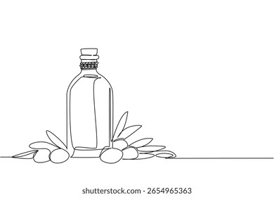 Continuous one line drawing olive oil in a glass bottle with olives and leaves around it. Packaging after processing. Many benefits. National Olive Day. Single line draw design vector illustration
