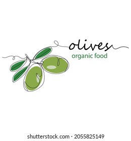 Continuous one line drawing of olives with leaves organic food in silhouette on a white background. Linear stylized.