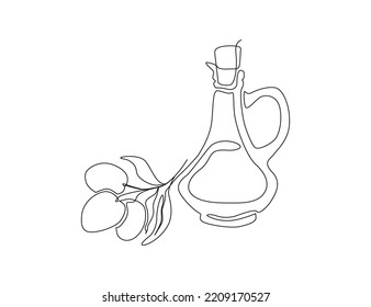 Continuous one line drawing of olives with leaves and Virgin olive oil in the glass bottle line art drawing vector illustration. 