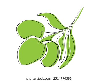 Continuous one line drawing of olives with leaves. Olives line art drawing vector illustration. 