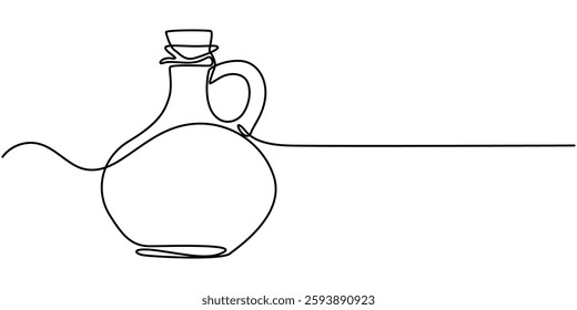 Continuous one line drawing of olives with leaves and Virgin olive oil in the glass bottle line art drawing vector illustration, Olive oil in continuous line art drawing style. Glass bottle jug oil. 