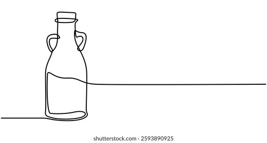 Continuous one line drawing of olives with leaves and Virgin olive oil in the glass bottle line art drawing vector illustration, Olive oil in continuous line art drawing style. Glass bottle jug oil. 