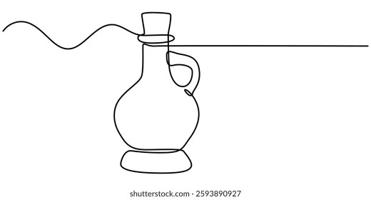 Continuous one line drawing of olives with leaves and Virgin olive oil in the glass bottle line art drawing vector illustration, Olive oil in continuous line art drawing style. Glass bottle jug oil. 