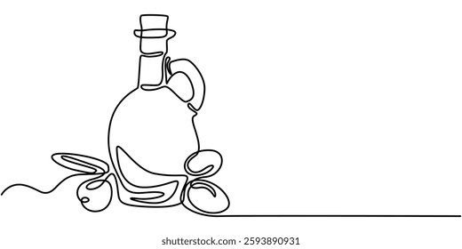 Continuous one line drawing of olives with leaves and Virgin olive oil in the glass bottle line art drawing vector illustration, Olive oil in continuous line art drawing style. Glass bottle jug oil. 