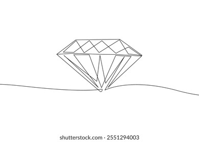 Continuous One Line Drawing on White Background of Diamond. Crystal Stone Continuous Line Drawing. Jewelry Gem Contour Modern Minimalist Illustration. Vector EPS 10. Not AI