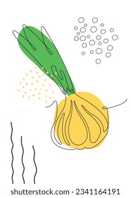 Continuous one line drawing onion. Vector illustration. Black line art on white background with colorful spots and elements. Poster in minimalism concept