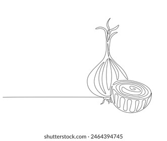 Dibujo continuo de una línea de cebolla para la tienda de comestibles. Ilustración de dibujo de una línea de cebolla roja vegetal. Concepto vegetal crudo arte de línea continua. Esquema editable.