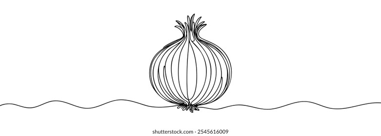 Dibujo continuo de una línea de cebolla para la tienda de comestibles. Ilustración de dibujo de una línea de verdura de cebolla roja. Concepto vegetal crudo arte de línea continua