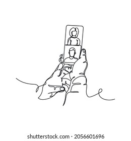 Continuous one line drawing of online video call meeting conference using phone discussing in silhouette on a white background. Linear stylized.