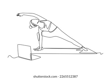 Continuous one line drawing online yoga class. Class in action concept. Single line draw design vector graphic illustration.