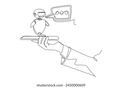 Continuous one line drawing Online communication with chat bot concept. Doodle vector illustration.