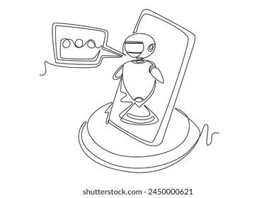 Continuous one line drawing Online communication with chat bot concept. Doodle vector illustration.