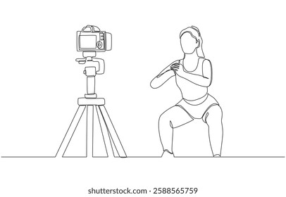 Continuous one line drawing of online fitness trainer doing squat on camera, online fitness courses concept, single line art