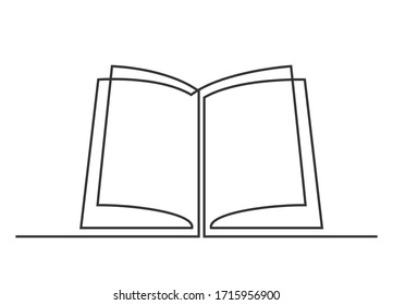 Continuous one line drawing open book with flying pages. Vector illustration on white background.