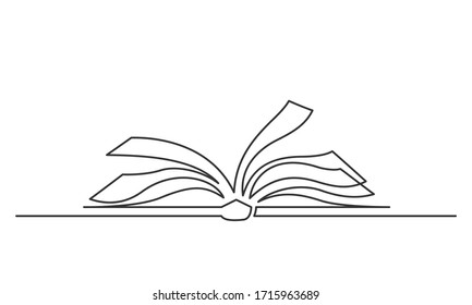 Continuous one line drawing open book with flying pages. Vector illustration on white background.