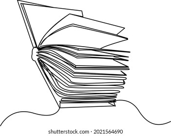 Continuous one line drawing open book with flying pages. Vector illustration education supplies back to school theme.