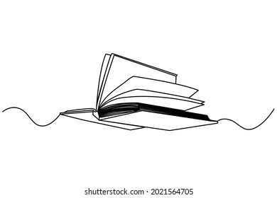 Continuous one line drawing open book with flying pages. Vector illustration education supplies back to school theme.