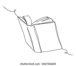 Dibujo continuo de una línea del icono de libro abierto en silueta sobre un fondo blanco. Linear estilizado.