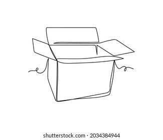 Continuous One Line Drawing Of Open Cardboard Box Icon In Silhouette On A White Background. Linear Stylized.