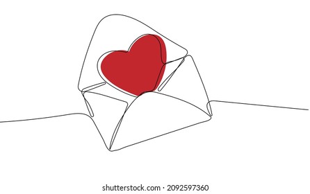 Continuous one line drawing of open envelope with heart.  Happy Valentines Day. Love card.Vector illustration