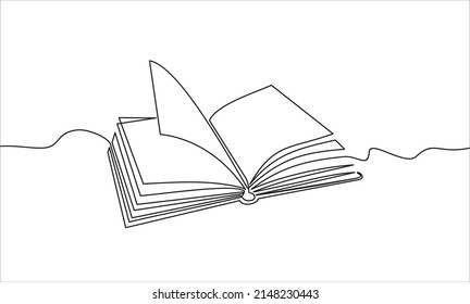 Continuous one line drawing of an open book with flying pages. Vector illustration of back to school, educational supplies.