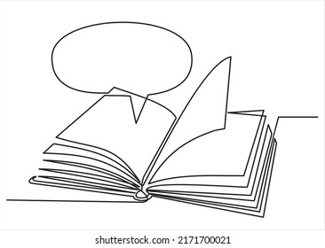 Continuous one line drawing open book with bubble for text. Vector illustration on white background.