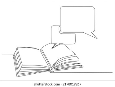 Continuous one line drawing open book with bubble for text. Vector illustration on white background.