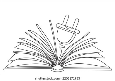 dibujo continuo de una línea de libro abierto con enchufe por cable, símbolo o logotipo de línea de concepto de libro electrónico, libro electrónico, educación y biblioteca de lectura de literatura.