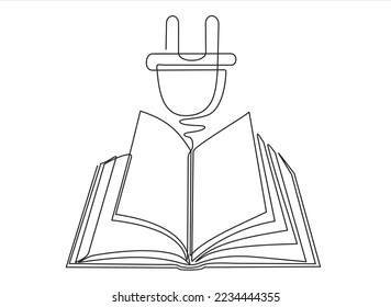 continuous one line drawing of Open book with cable plug, electronic book concept line art symbol or logo, e-book, education and literature reading library.