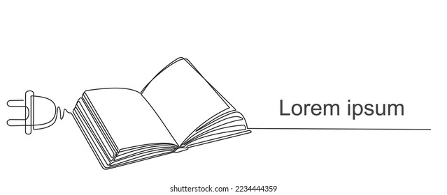 continuous one line drawing of Open book with cable plug, electronic book concept line art symbol or logo, e-book, education and literature reading library.